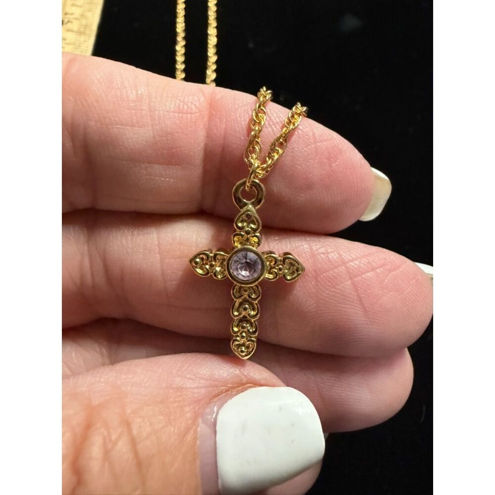 vtg avon cross necklace gold with rhinestone in center